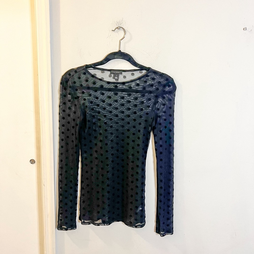 Halogen sheer long sleeve top, polka dot, black, size XS